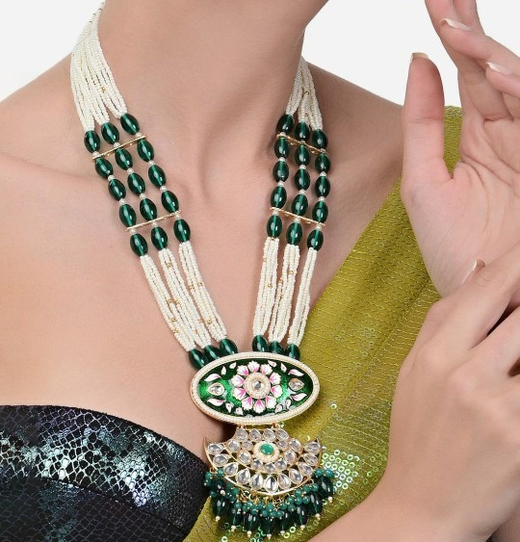 Jewel City Kundan & Green Beaded Layered Necklace Set for Women | Indian Bridal Jewelry with Earrings – Ethnic & Festive Wear | Grocsy