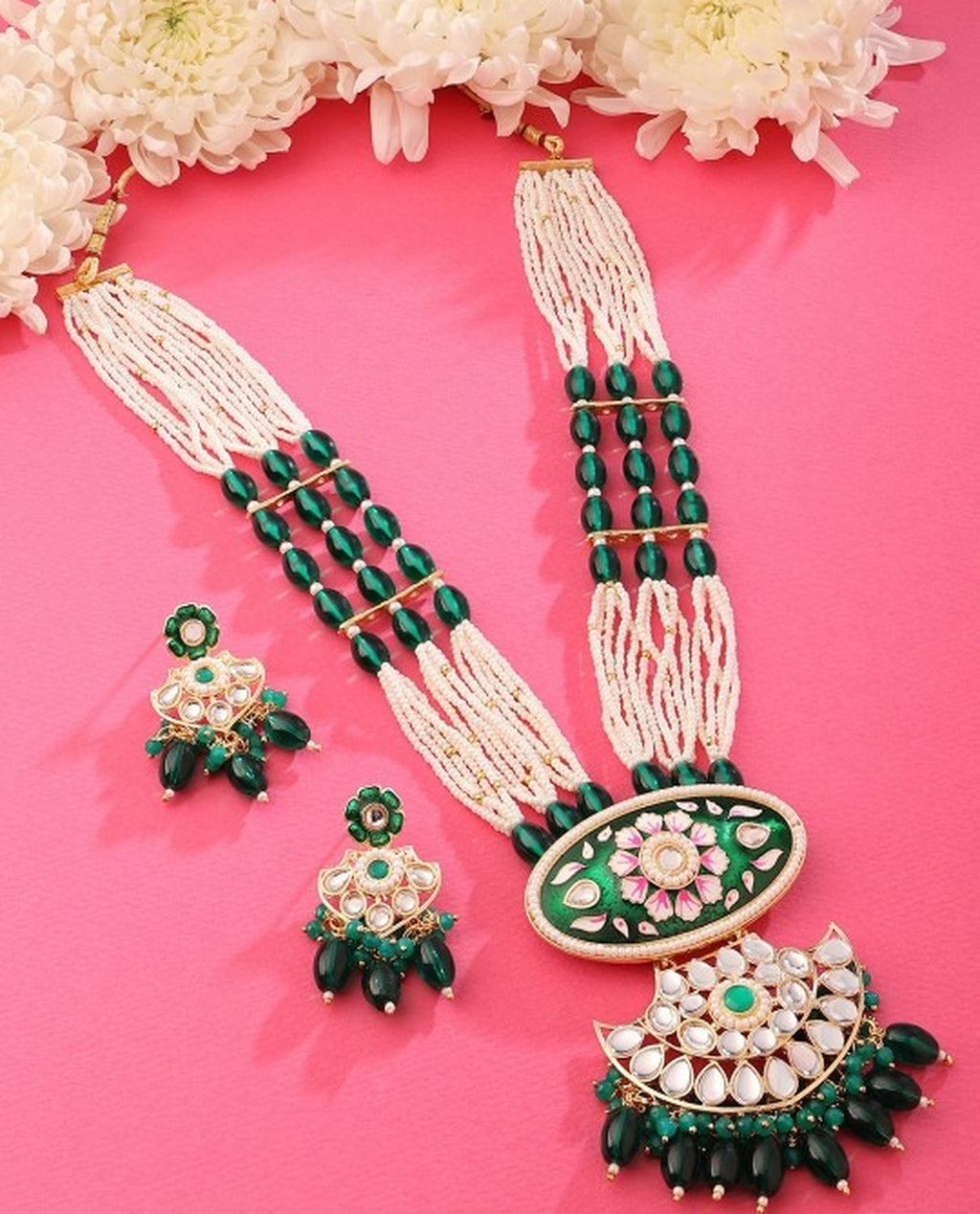 Jewel City Kundan & Green Beaded Layered Necklace Set for Women | Indian Bridal Jewelry with Earrings – Ethnic & Festive Wear | Grocsy