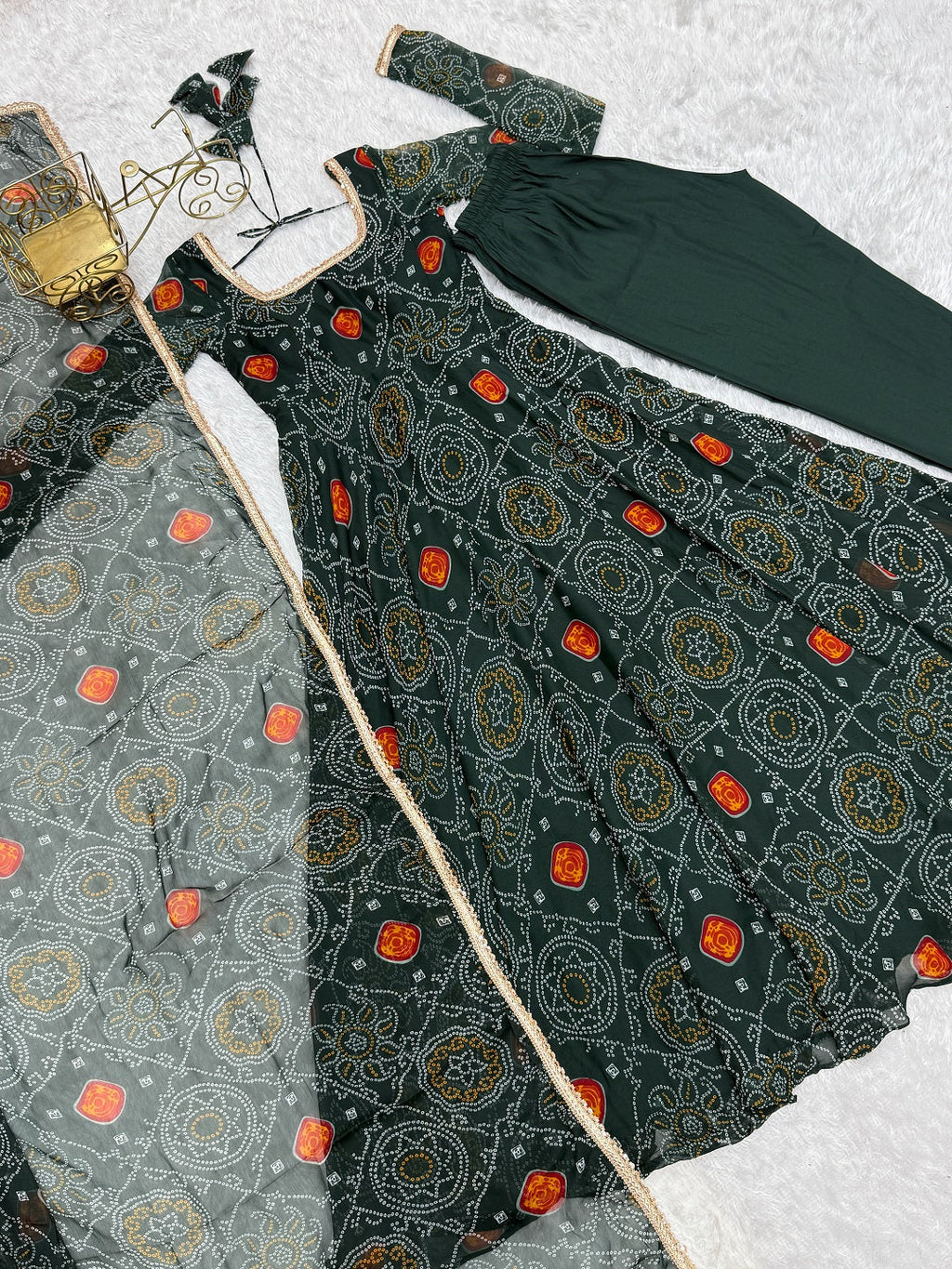 Evanik Green Pure Lightweight Chiffon Bandhej Design Anarkali Pant With Dupatta | Grocsy