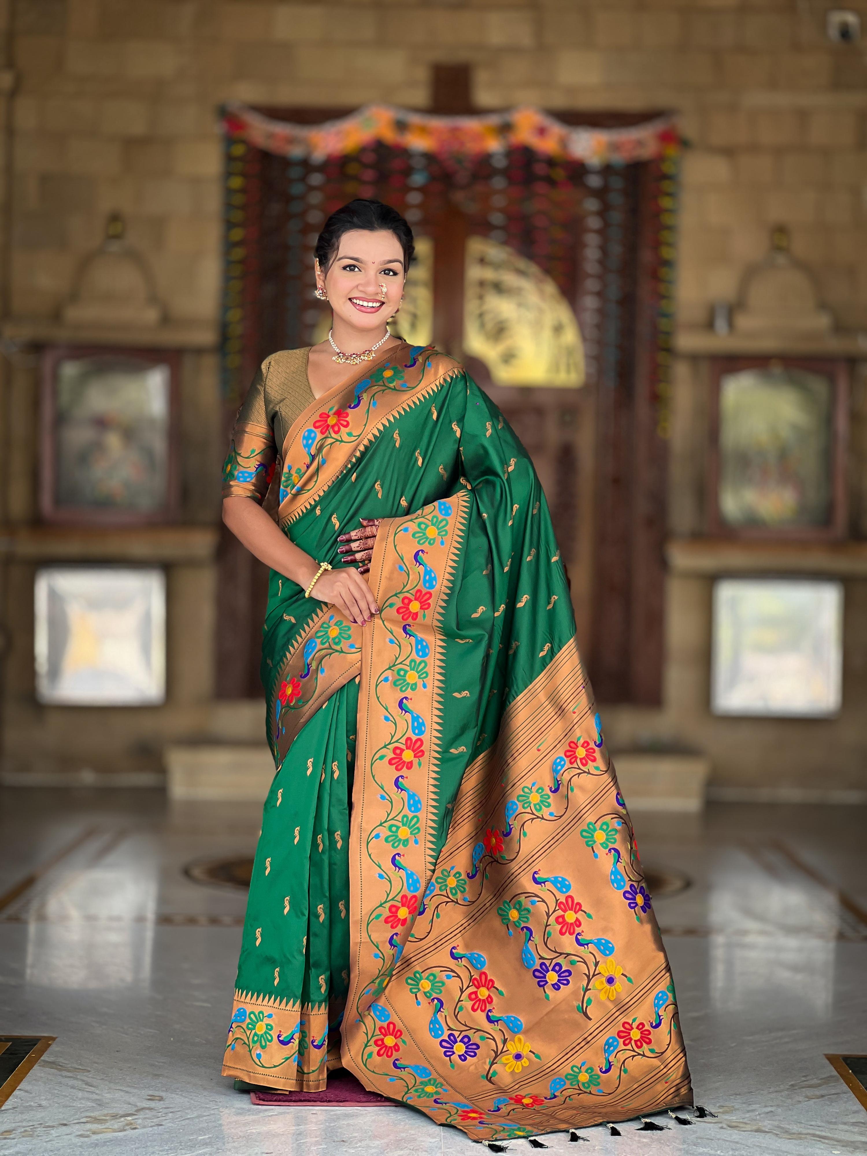 Mameraa Sarees Green Faux Banarasi Silk Saree With Paithani Rich Weaved Pallu And Blouse-Green | Grocsy