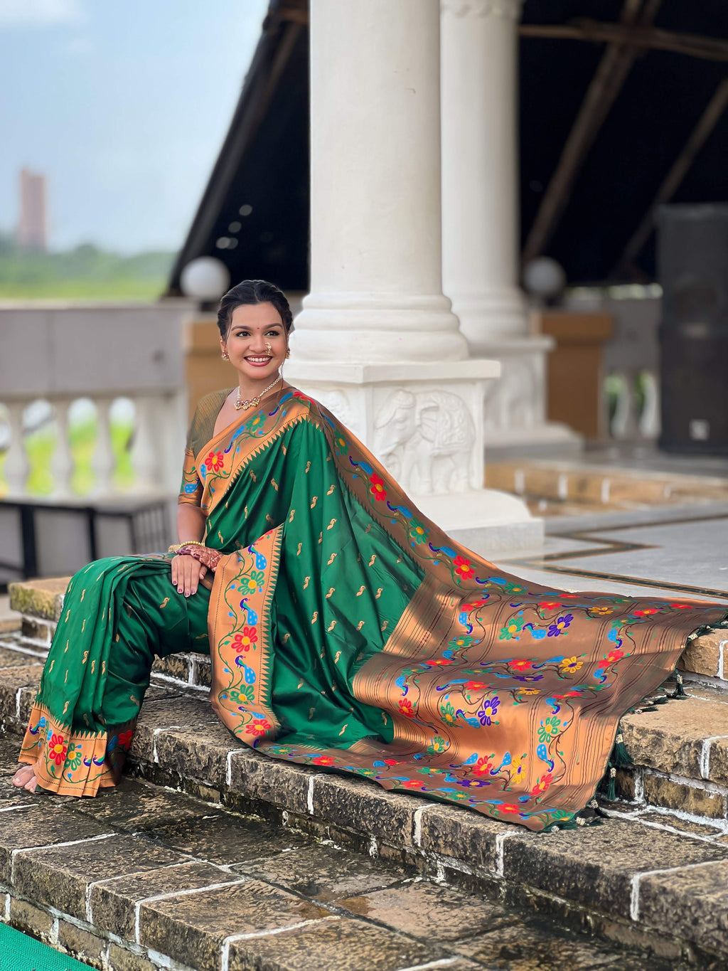 Mameraa Sarees Green Faux Banarasi Silk Saree With Paithani Rich Weaved Pallu And Blouse-Green | Grocsy