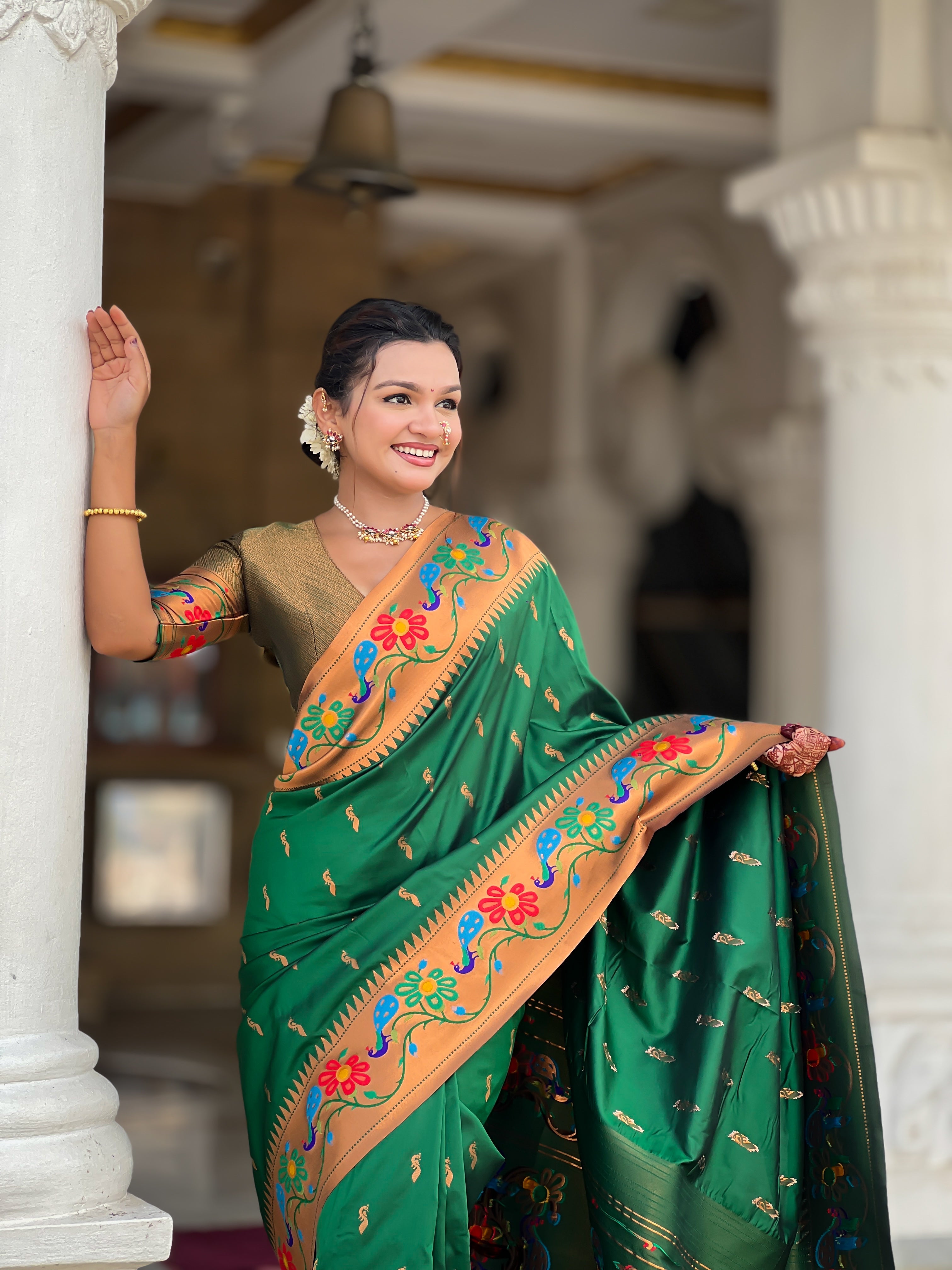 Mameraa Sarees Green Faux Banarasi Silk Saree With Paithani Rich Weaved Pallu And Blouse-Green | Grocsy