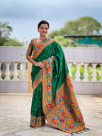 Mameraa Sarees Green Faux Banarasi Silk Saree With Paithani Rich Weaved Pallu And Blouse-Green | Grocsy