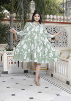 Miravan Women's Pure Cotton Green Long Puff Sleeve Loose Fit Gathered Fit And Flare Tiered Dress | Grocsy