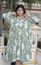 Miravan Women's Pure Cotton Green Long Puff Sleeve Loose Fit Gathered Fit And Flare Tiered Dress | Grocsy