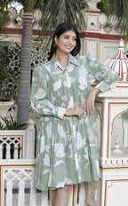 Miravan Women's Pure Cotton Green Long Puff Sleeve Loose Fit Gathered Fit And Flare Tiered Dress | Grocsy