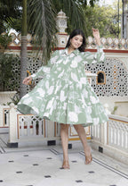 Miravan Women's Pure Cotton Green Long Puff Sleeve Loose Fit Gathered Fit And Flare Tiered Dress | Grocsy