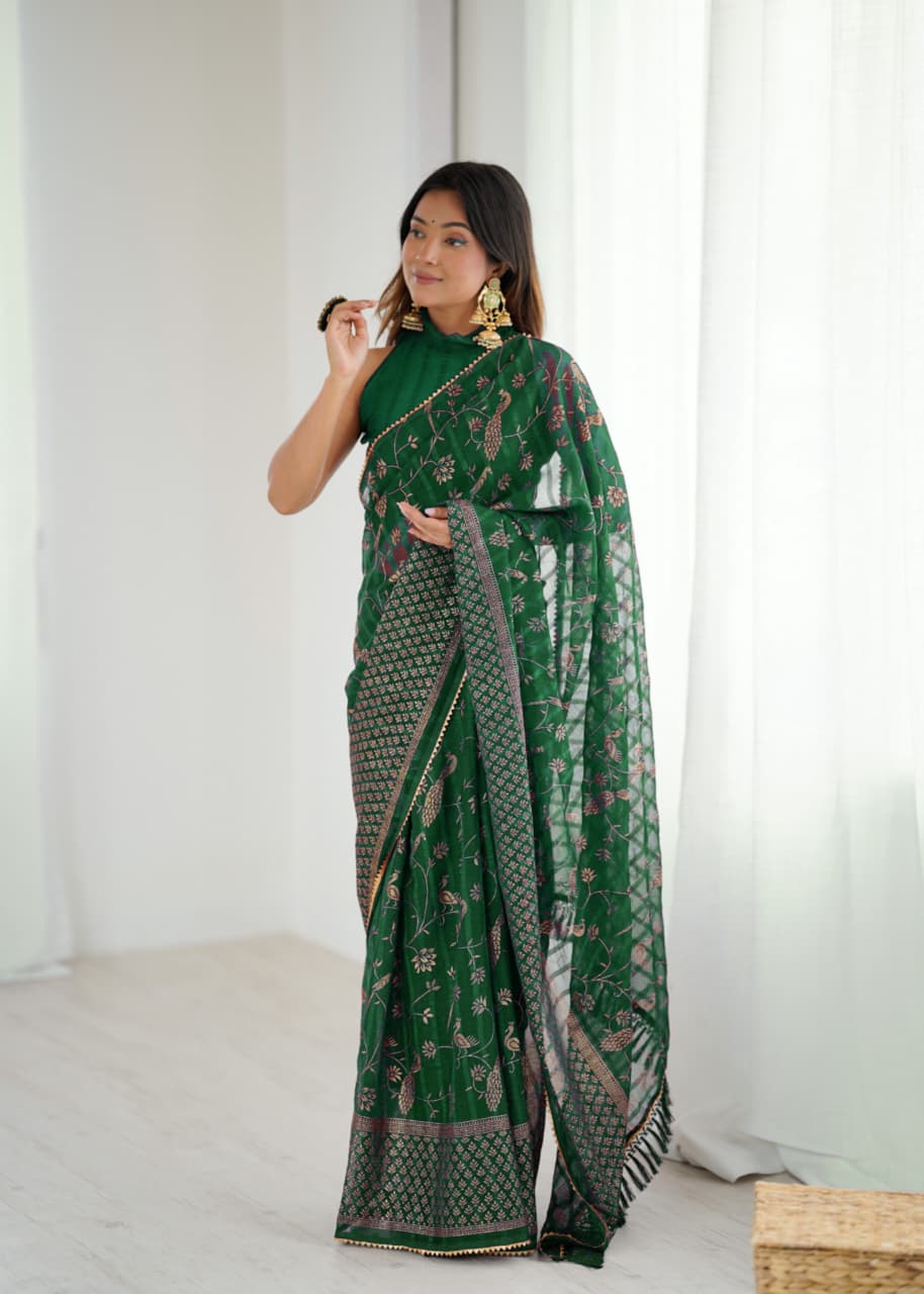 Lorenvalley Fashion Green Solo Georgette Superb Finishing Foils Print & Fancy Zalar Lace in Border Saree with Blouse | Grocsy
