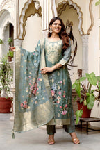 The52 Women Gorgeous Chanderi Cotton Fabric Straight Kurta, Pant and Dupatta Set | Grocsy