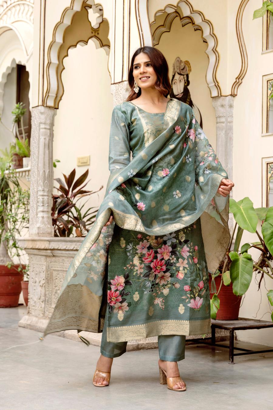 The52 Women Gorgeous Chanderi Cotton Fabric Straight Kurta, Pant and Dupatta Set | Grocsy