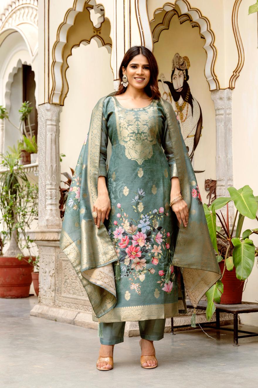 The52 Women Gorgeous Chanderi Cotton Fabric Straight Kurta, Pant and Dupatta Set | Grocsy