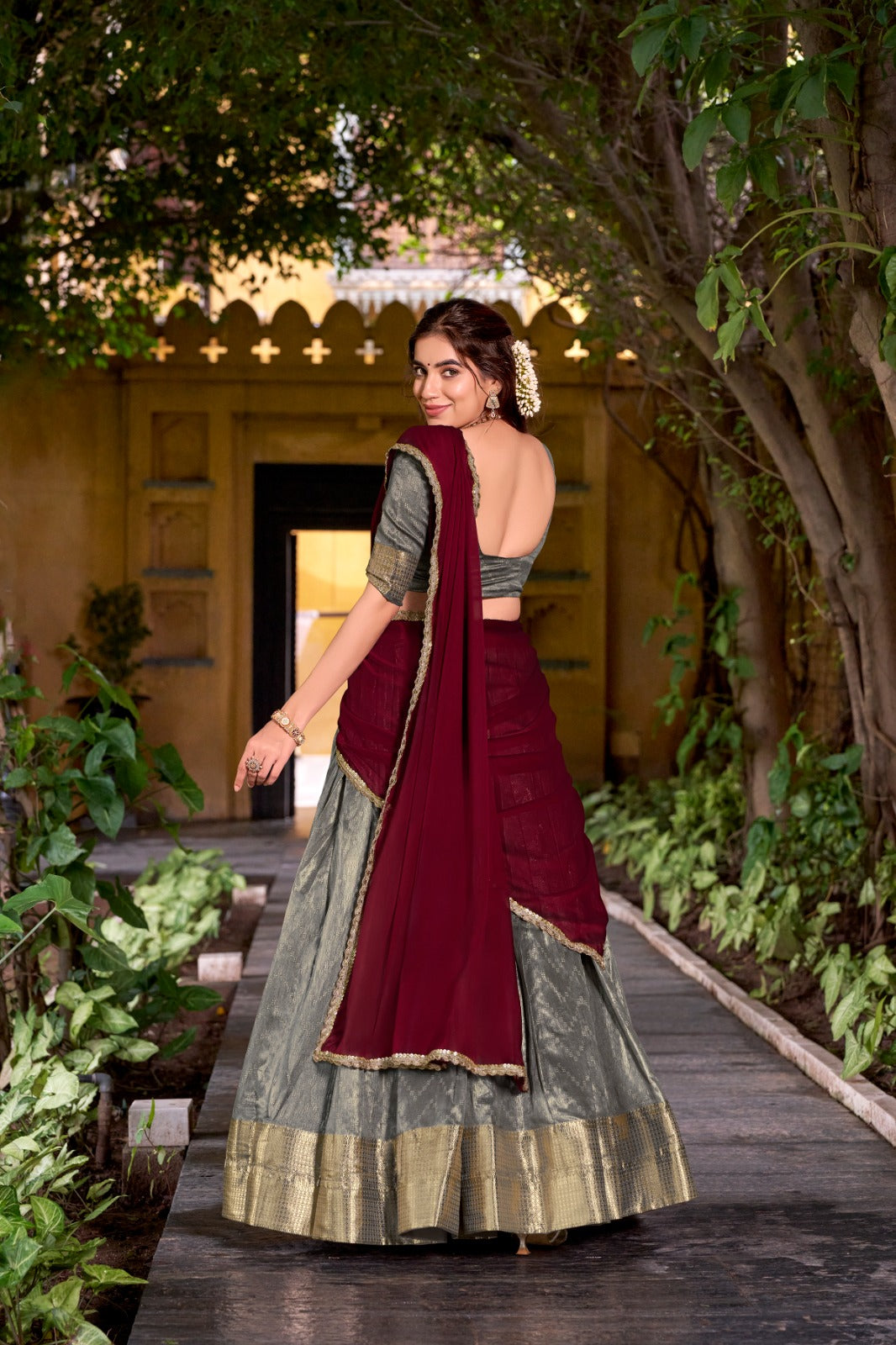 Evanik Traditional Grey Dupion Silk With Zari Weaving Work Lehenga Choli | Grocsy