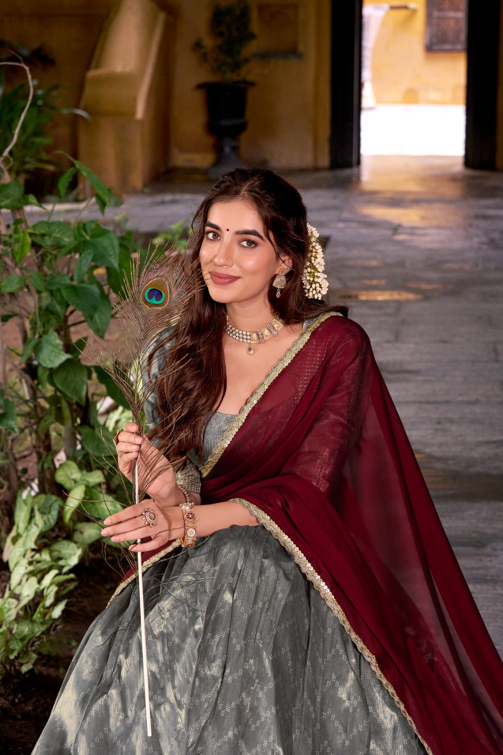 Evanik Traditional Grey Dupion Silk With Zari Weaving Work Lehenga Choli | Grocsy
