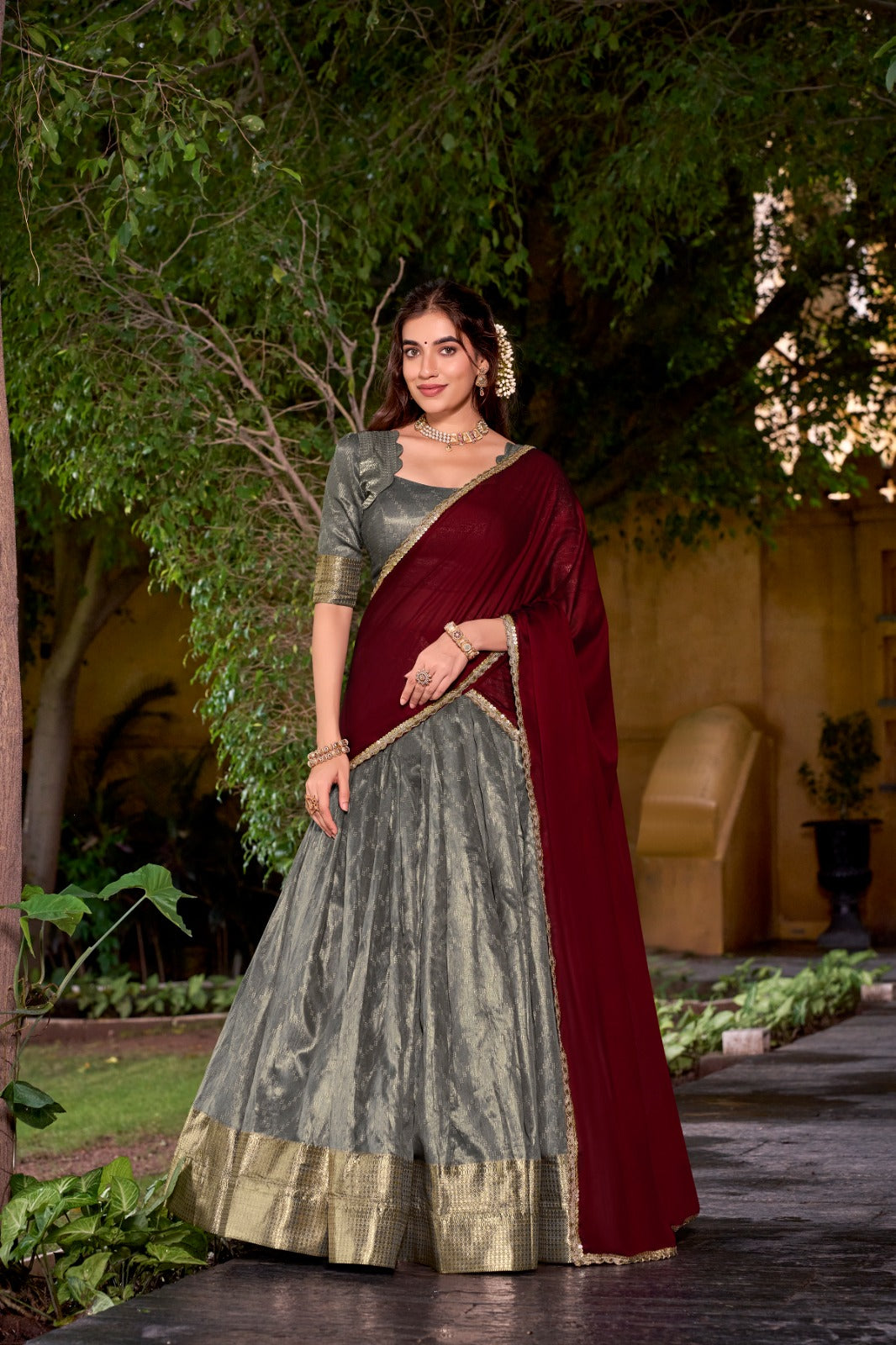 Evanik Traditional Grey Dupion Silk With Zari Weaving Work Lehenga Choli | Grocsy