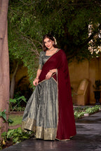 Evanik Traditional Grey Dupion Silk With Zari Weaving Work Lehenga Choli | Grocsy
