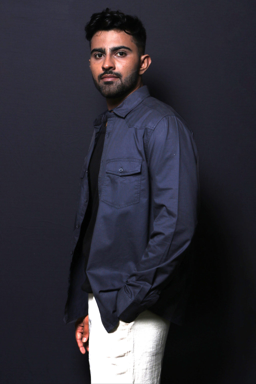 Jonesburg Dark Grey Double Pocket Regular Fit Shirt | Grocsy