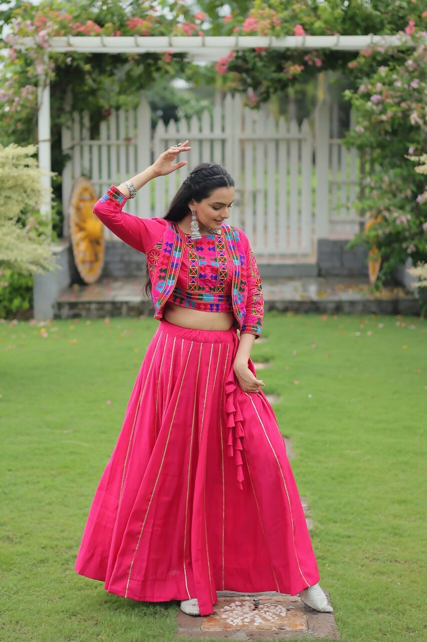 Teeya Creation Pink Colour Roman Silk With Gamathi Work Navratri Lehenga Choli | Grocsy