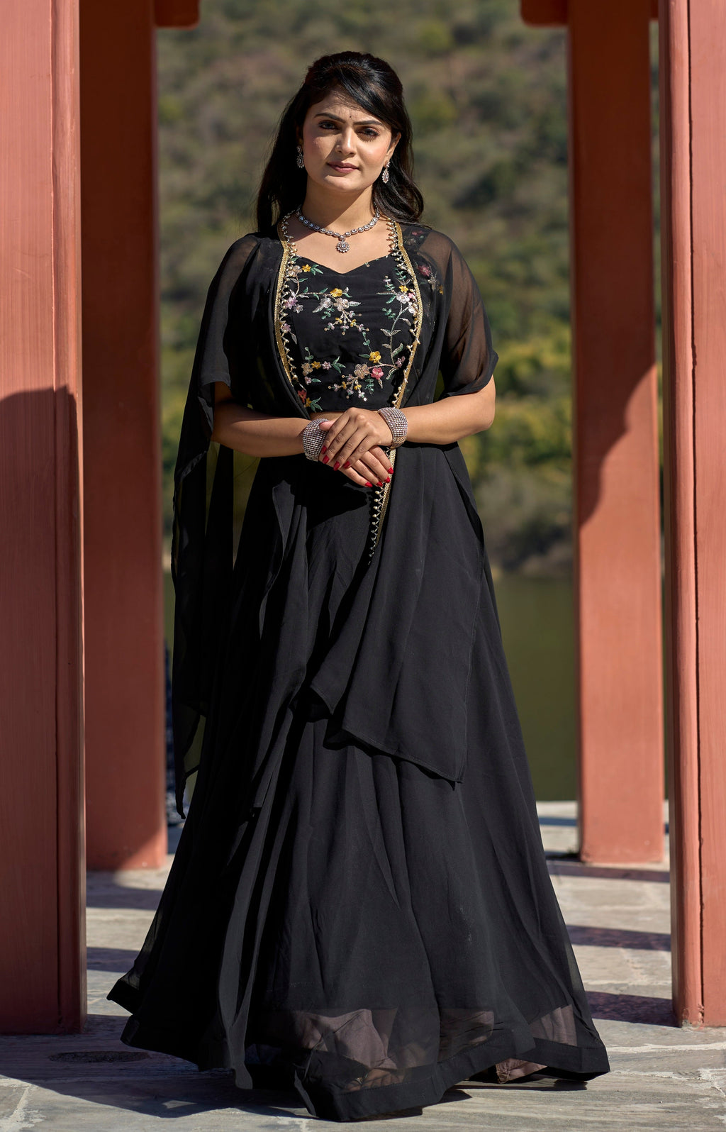 Vedant Vastram Embroidered Heavy Georgette Lehenga Choli With Blouse & Fancy Koti Typed Dupatta - Black | Grocsy