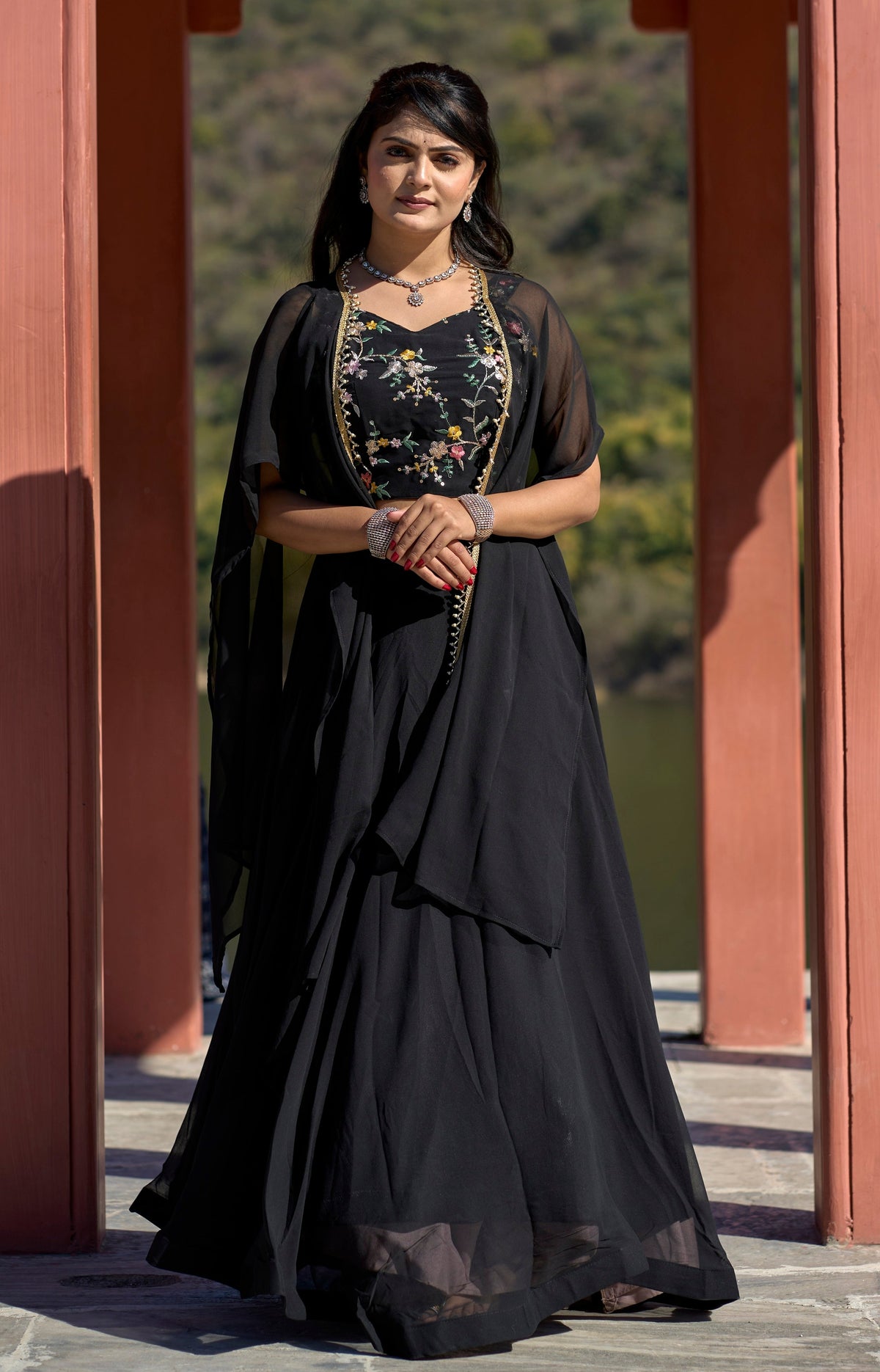 Vedant Vastram Embroidered Heavy Georgette Lehenga Choli With Blouse & Fancy Koti Typed Dupatta - Black | Grocsy