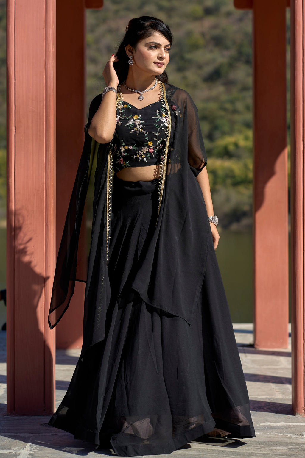 Vedant Vastram Embroidered Heavy Georgette Lehenga Choli With Blouse & Fancy Koti Typed Dupatta - Black | Grocsy