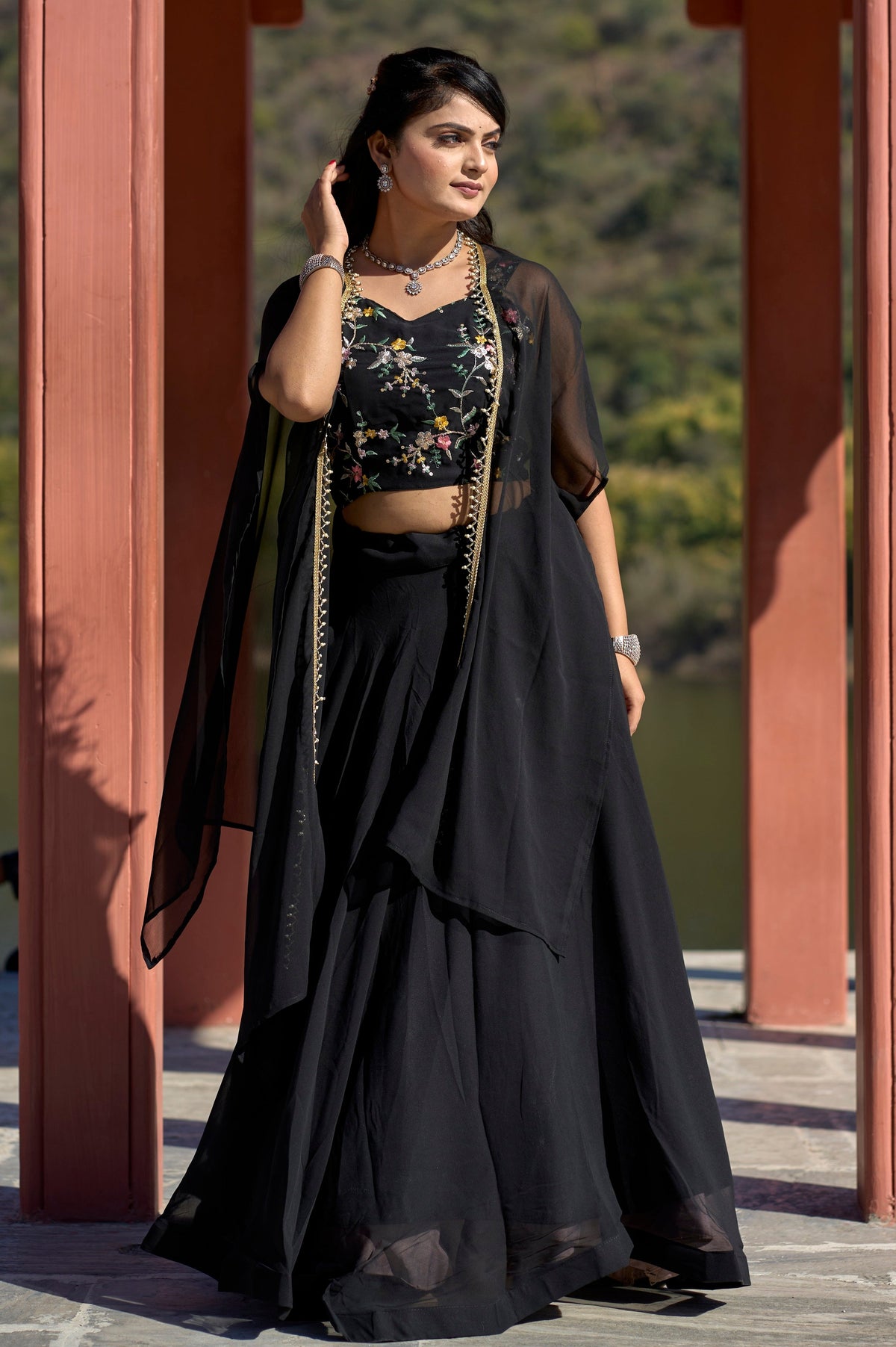 Vedant Vastram Embroidered Heavy Georgette Lehenga Choli With Blouse & Fancy Koti Typed Dupatta - Black | Grocsy