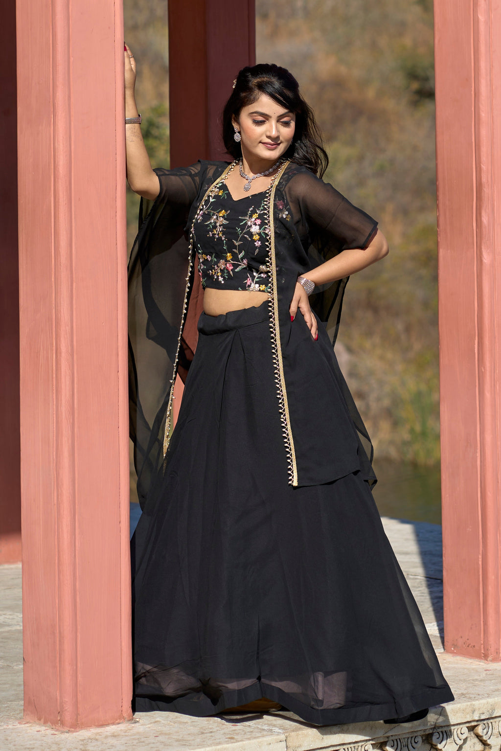 Vedant Vastram Embroidered Heavy Georgette Lehenga Choli With Blouse & Fancy Koti Typed Dupatta - Black | Grocsy