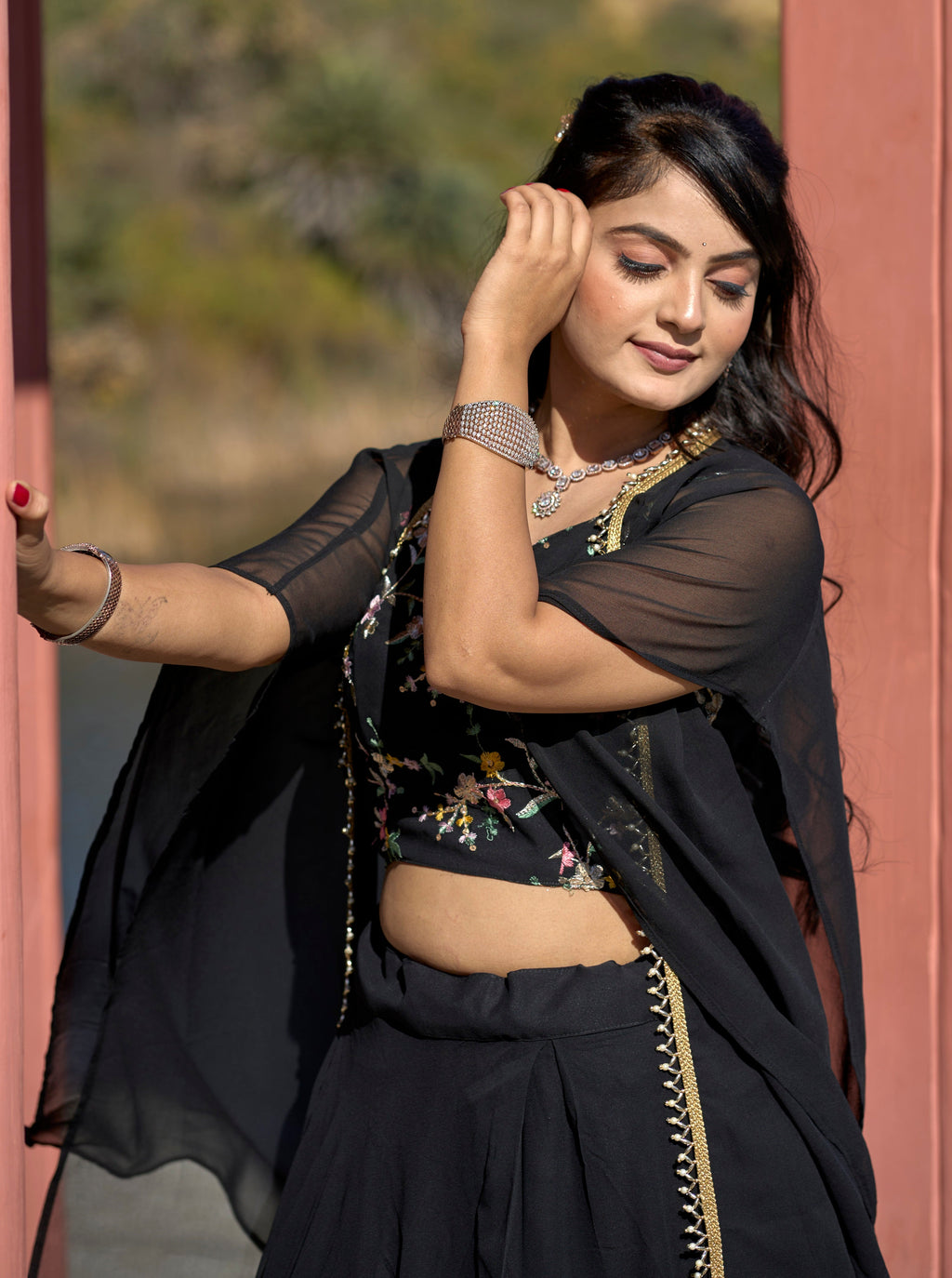 Vedant Vastram Embroidered Heavy Georgette Lehenga Choli With Blouse & Fancy Koti Typed Dupatta - Black | Grocsy