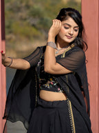 Vedant Vastram Embroidered Heavy Georgette Lehenga Choli With Blouse & Fancy Koti Typed Dupatta - Black | Grocsy