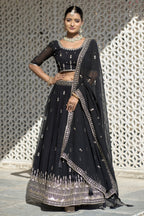 Vedant Vastram Embroidered Heavy Georgette Lehenga Choli With Blouse & Dupatta - Black | Grocsy