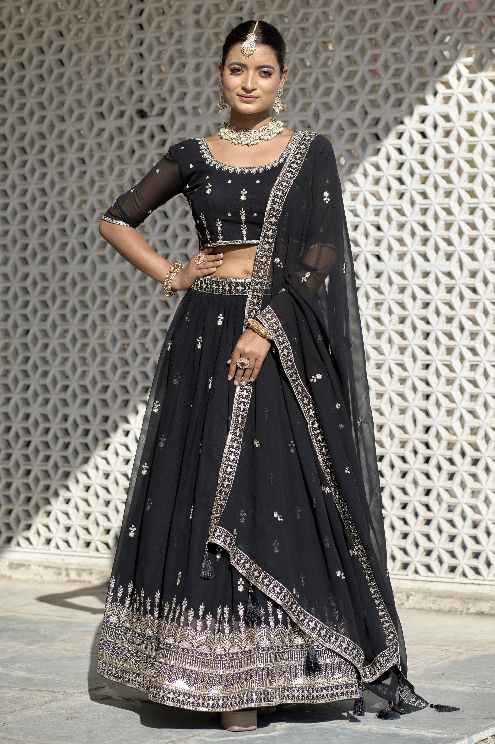 Vedant Vastram Embroidered Heavy Georgette Lehenga Choli With Blouse & Dupatta - Black | Grocsy
