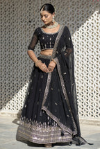 Vedant Vastram Embroidered Heavy Georgette Lehenga Choli With Blouse & Dupatta - Black | Grocsy