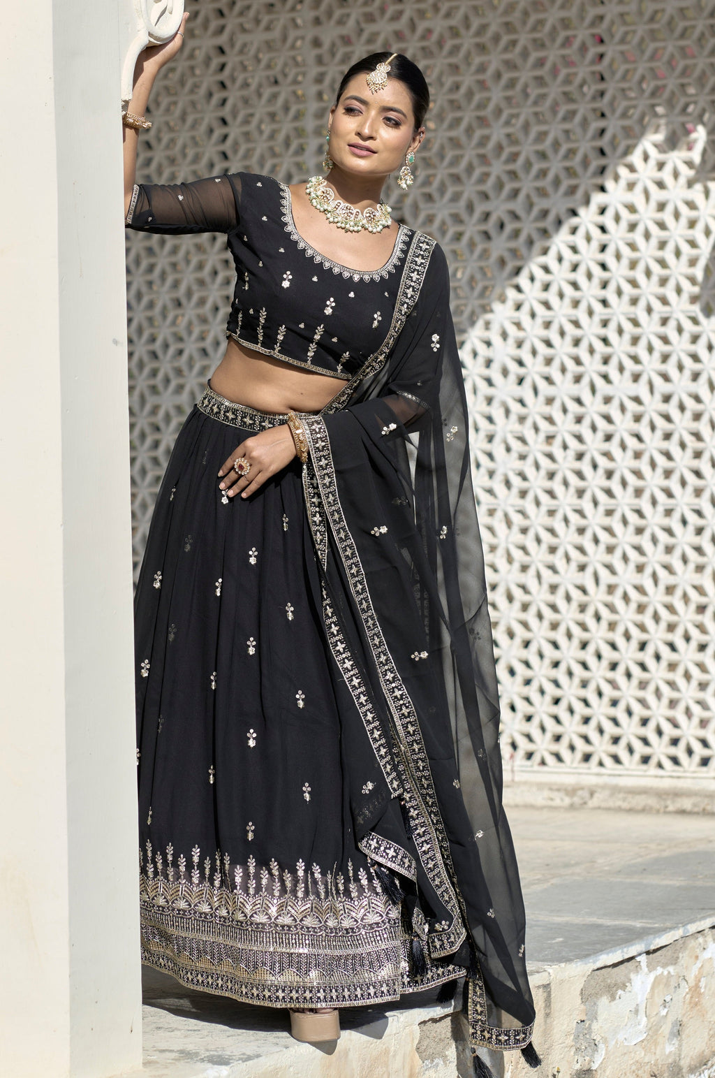 Vedant Vastram Embroidered Heavy Georgette Lehenga Choli With Blouse & Dupatta - Black | Grocsy