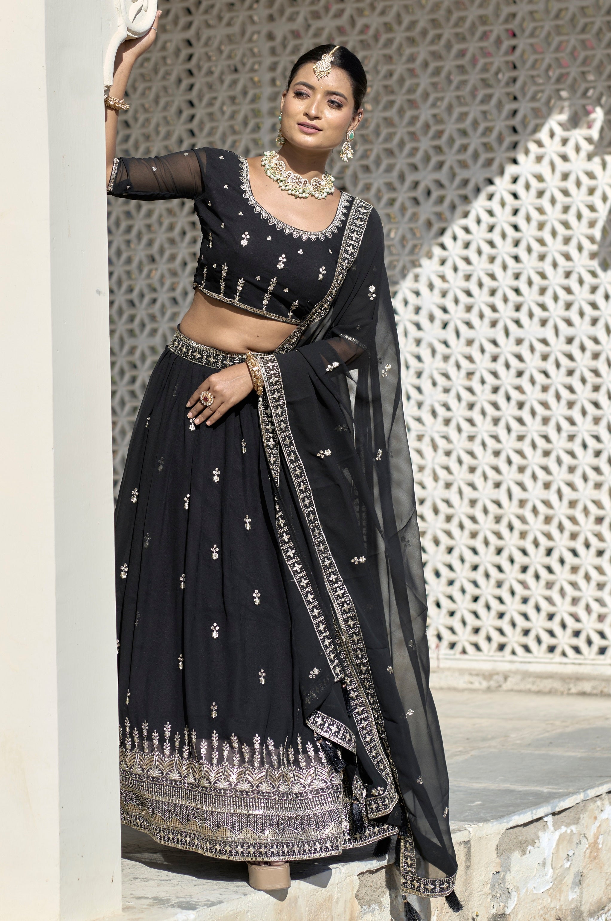 Vedant Vastram Embroidered Heavy Georgette Lehenga Choli With Blouse & Dupatta - Black | Grocsy