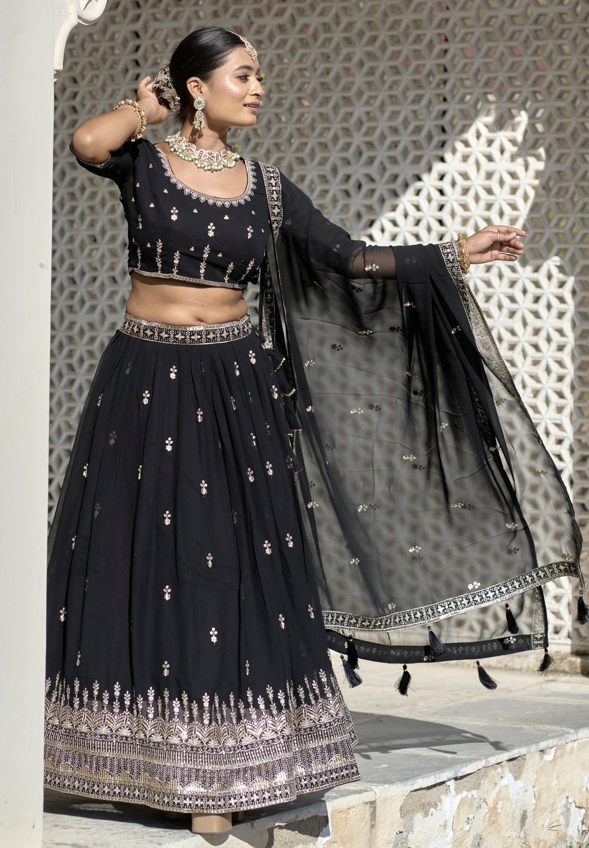 Vedant Vastram Embroidered Heavy Georgette Lehenga Choli With Blouse & Dupatta - Black | Grocsy