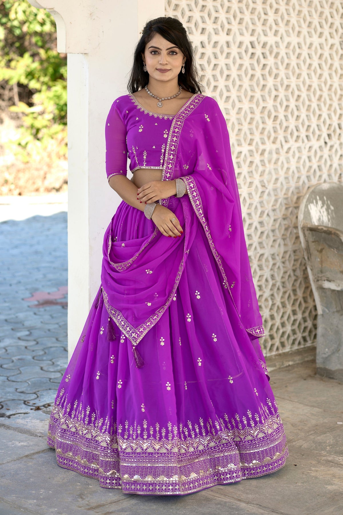 Vedant Vastram Embroidered Heavy Georgette Lehenga Choli With Blouse & Dupatta - Purple | Grocsy