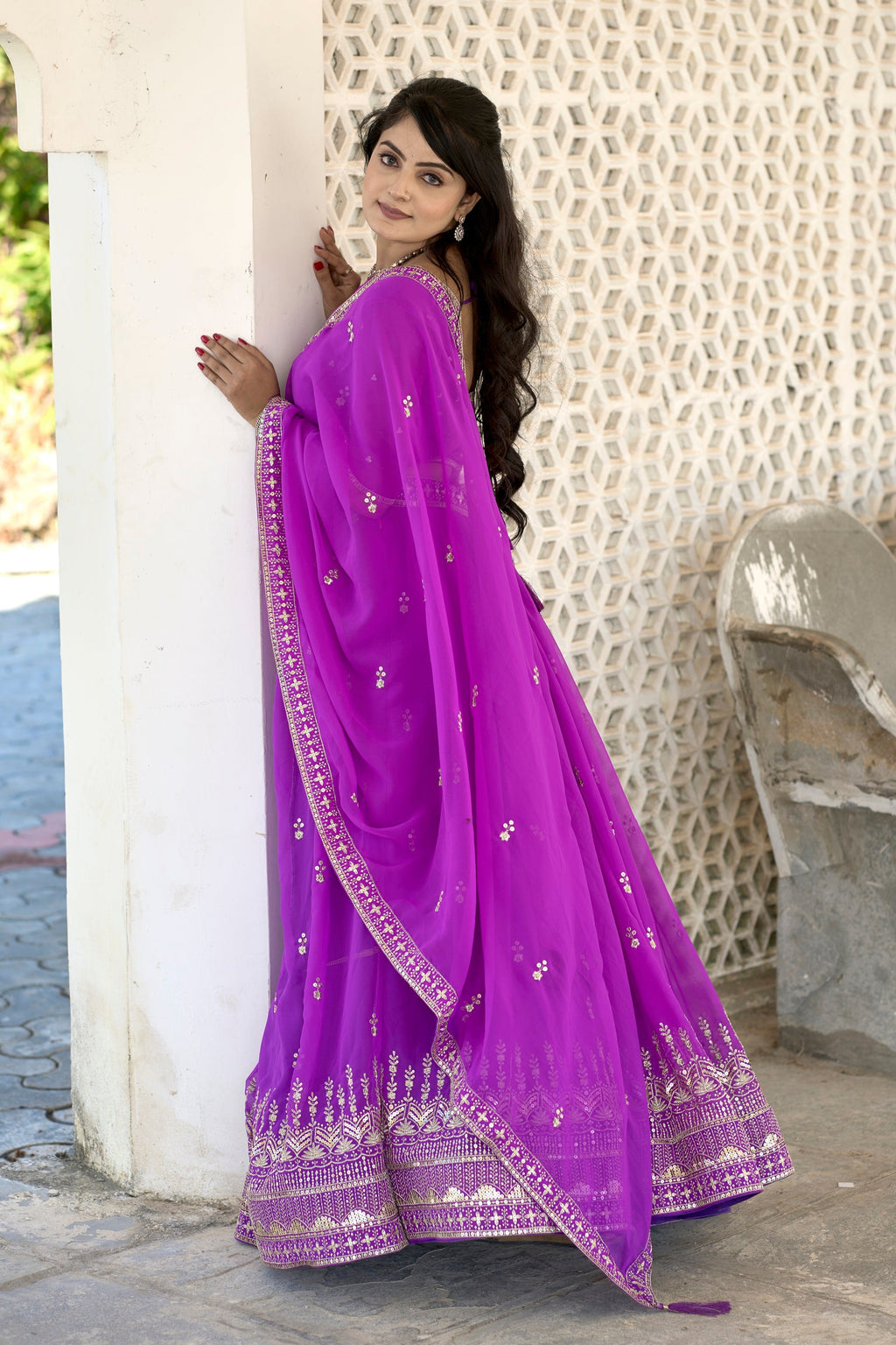 Vedant Vastram Embroidered Heavy Georgette Lehenga Choli With Blouse & Dupatta - Purple | Grocsy