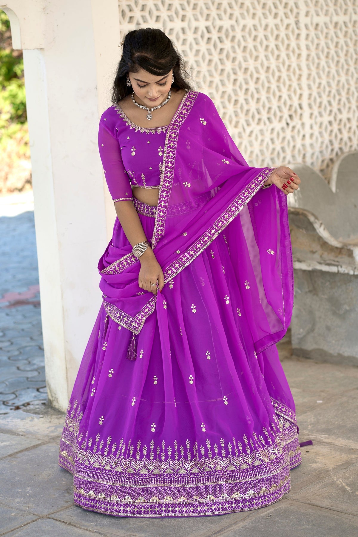 Vedant Vastram Embroidered Heavy Georgette Lehenga Choli With Blouse & Dupatta - Purple | Grocsy