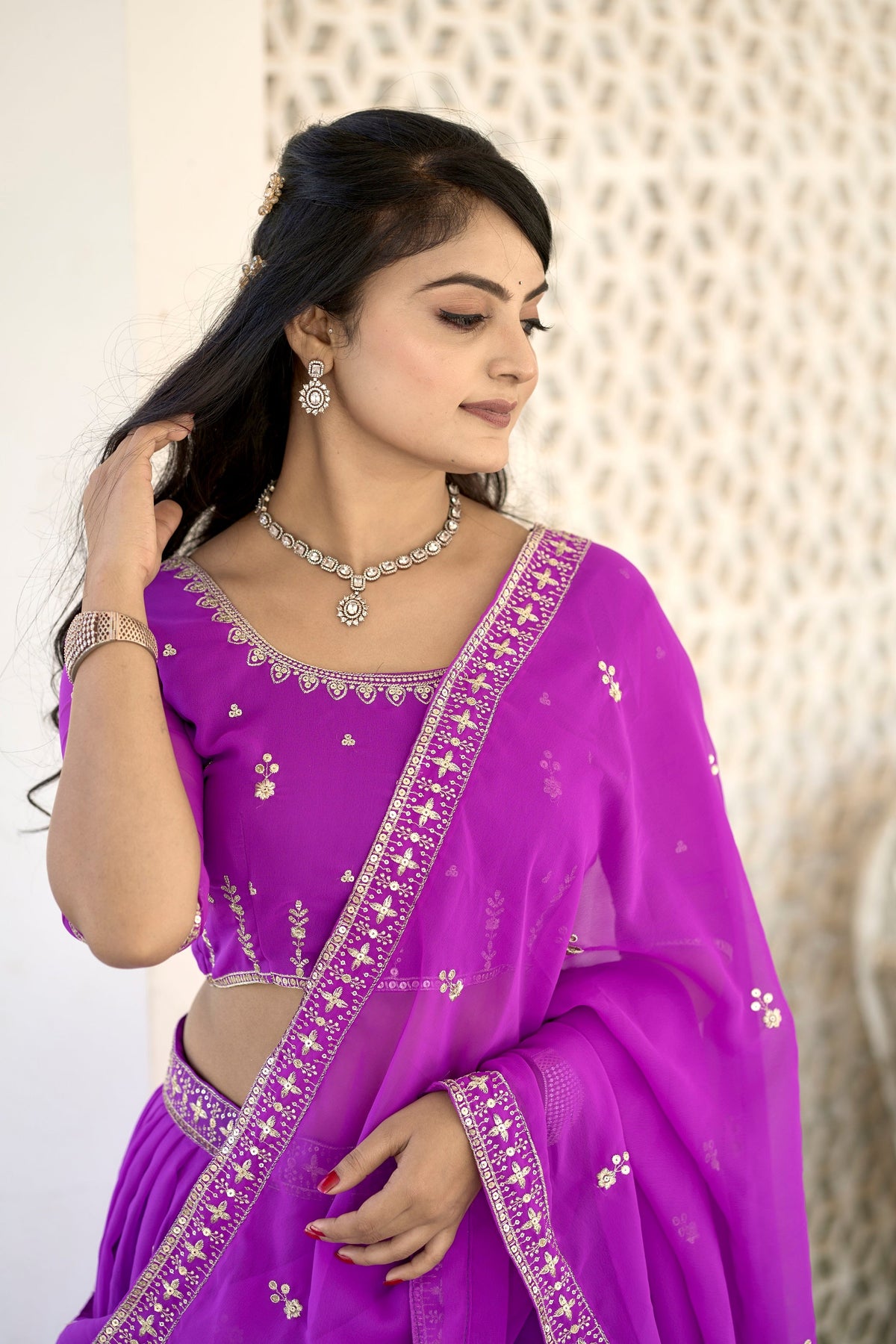 Vedant Vastram Embroidered Heavy Georgette Lehenga Choli With Blouse & Dupatta - Purple | Grocsy