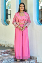 Vedant Vastram Heavy Embroidery & Sequins Work Pure Georgette Plazo Set With Koti - Pink | Grocsy