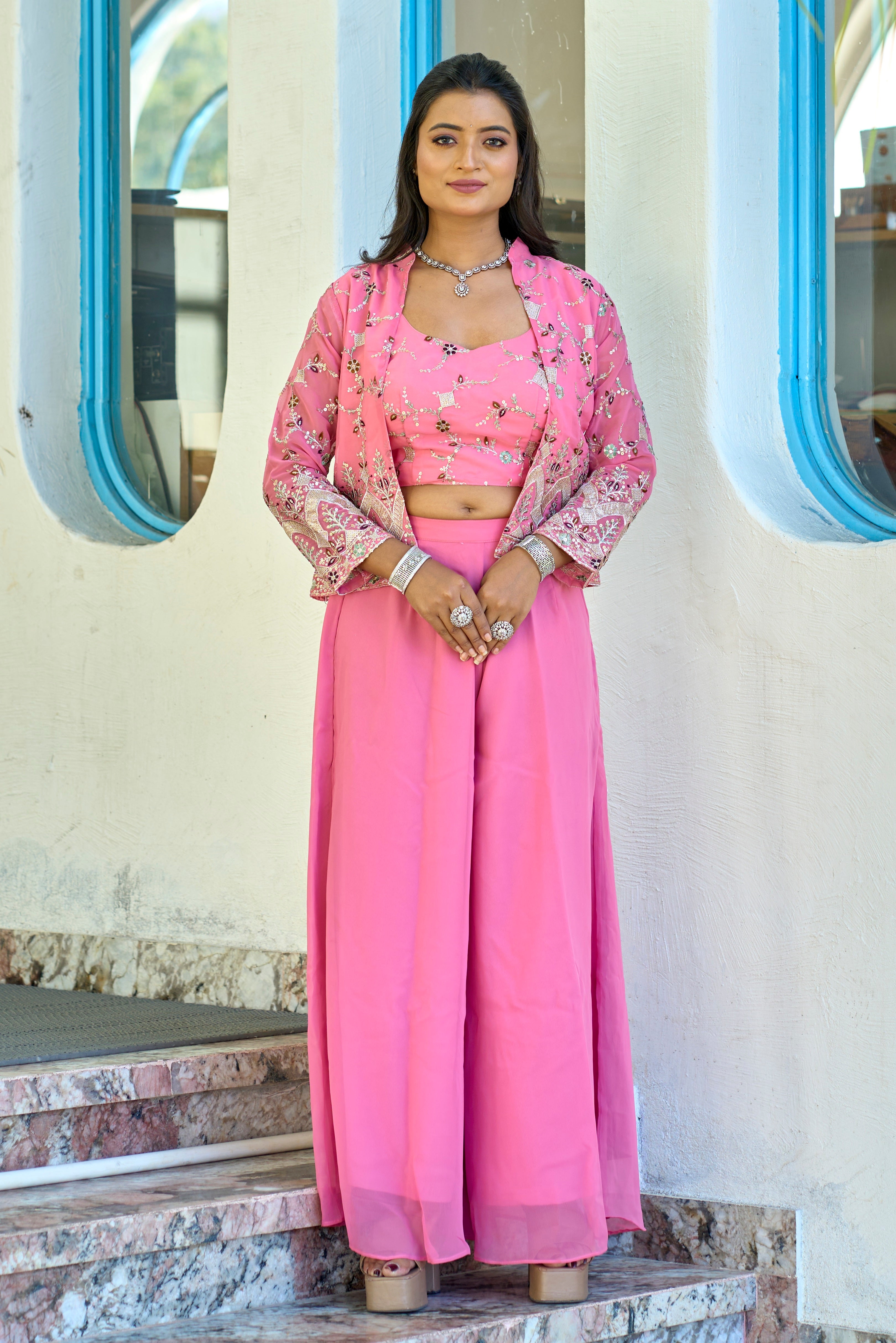 Vedant Vastram Heavy Embroidery & Sequins Work Pure Georgette Plazo Set With Koti - Pink | Grocsy