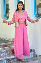 Vedant Vastram Heavy Embroidery & Sequins Work Pure Georgette Plazo Set With Koti - Pink | Grocsy