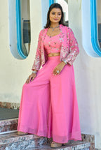Vedant Vastram Heavy Embroidery & Sequins Work Pure Georgette Plazo Set With Koti - Pink | Grocsy