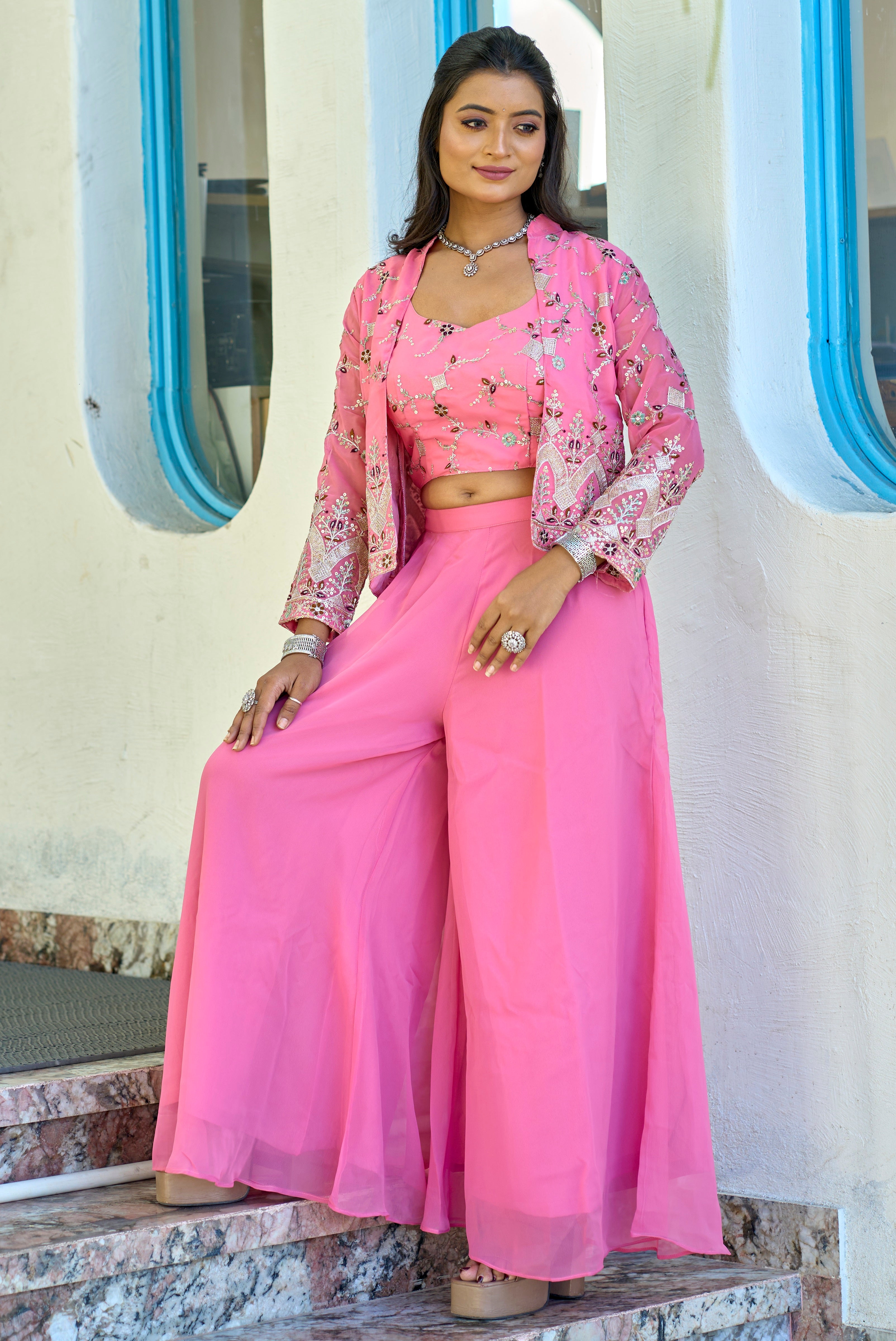 Vedant Vastram Heavy Embroidery & Sequins Work Pure Georgette Plazo Set With Koti - Pink | Grocsy
