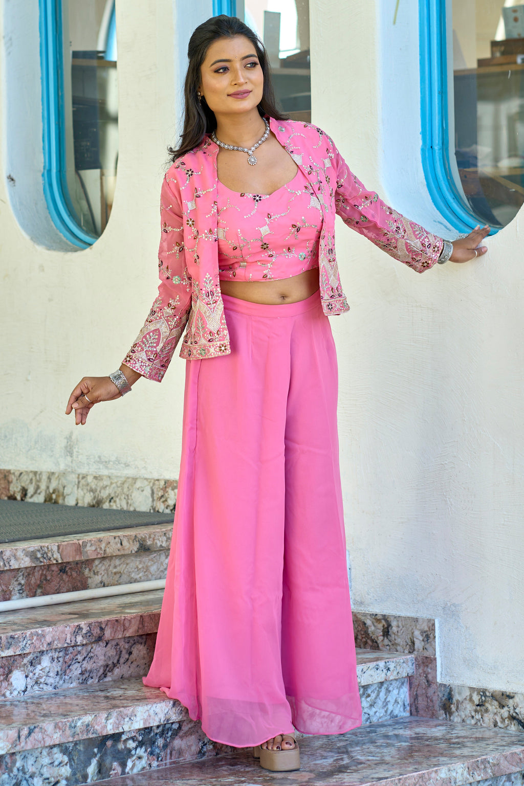 Vedant Vastram Heavy Embroidery & Sequins Work Pure Georgette Plazo Set With Koti - Pink | Grocsy
