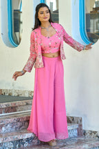 Vedant Vastram Heavy Embroidery & Sequins Work Pure Georgette Plazo Set With Koti - Pink | Grocsy