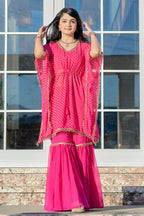 Vedant Vastram Leheriya Print Pure Georgette Sharara Cordset With Kaftan - Pink | Grocsy