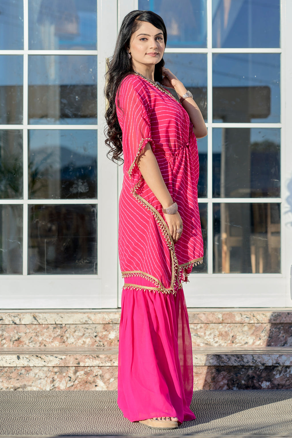 Vedant Vastram Leheriya Print Pure Georgette Sharara Cordset With Kaftan - Pink | Grocsy