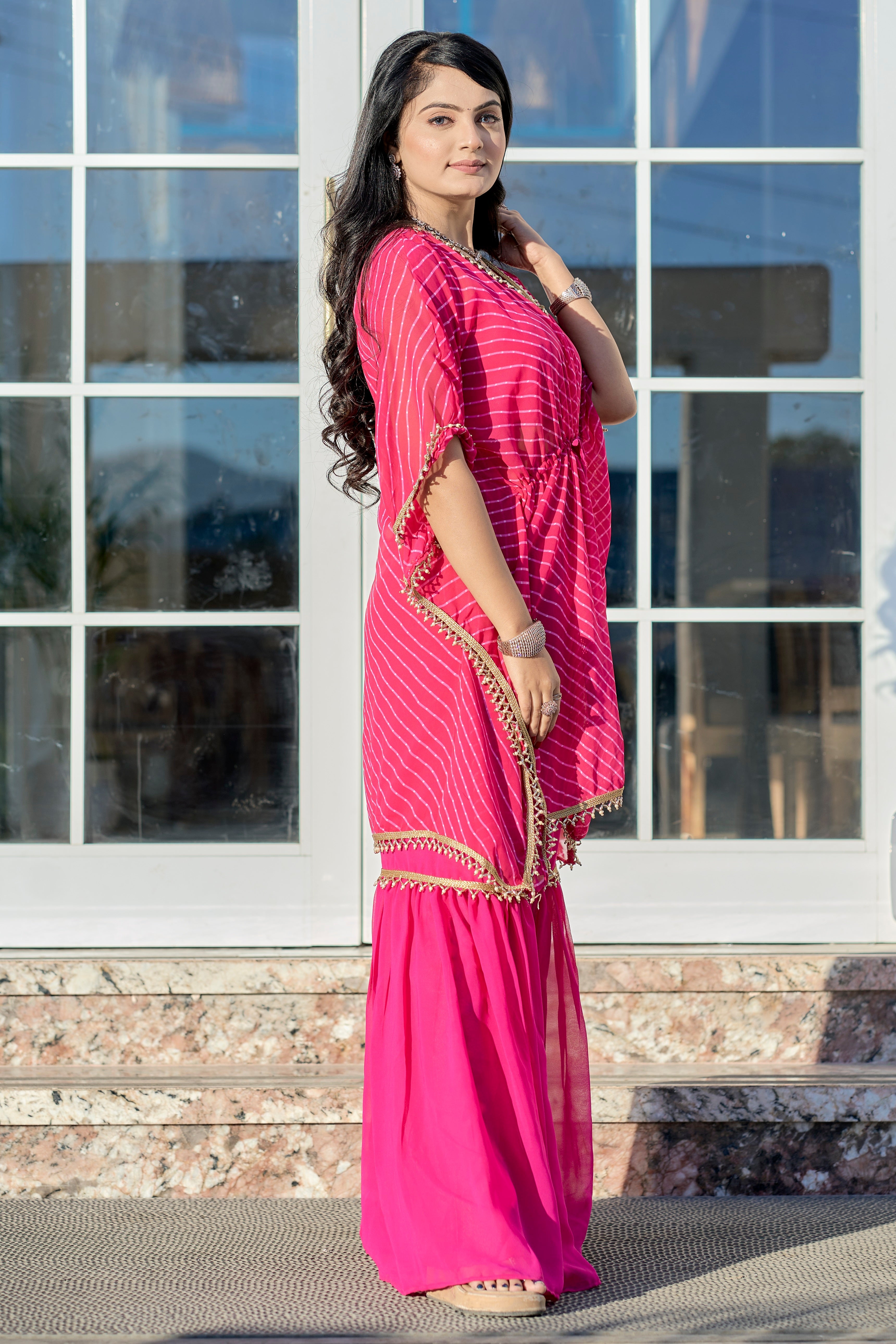 Vedant Vastram Leheriya Print Pure Georgette Sharara Cordset With Kaftan - Pink | Grocsy