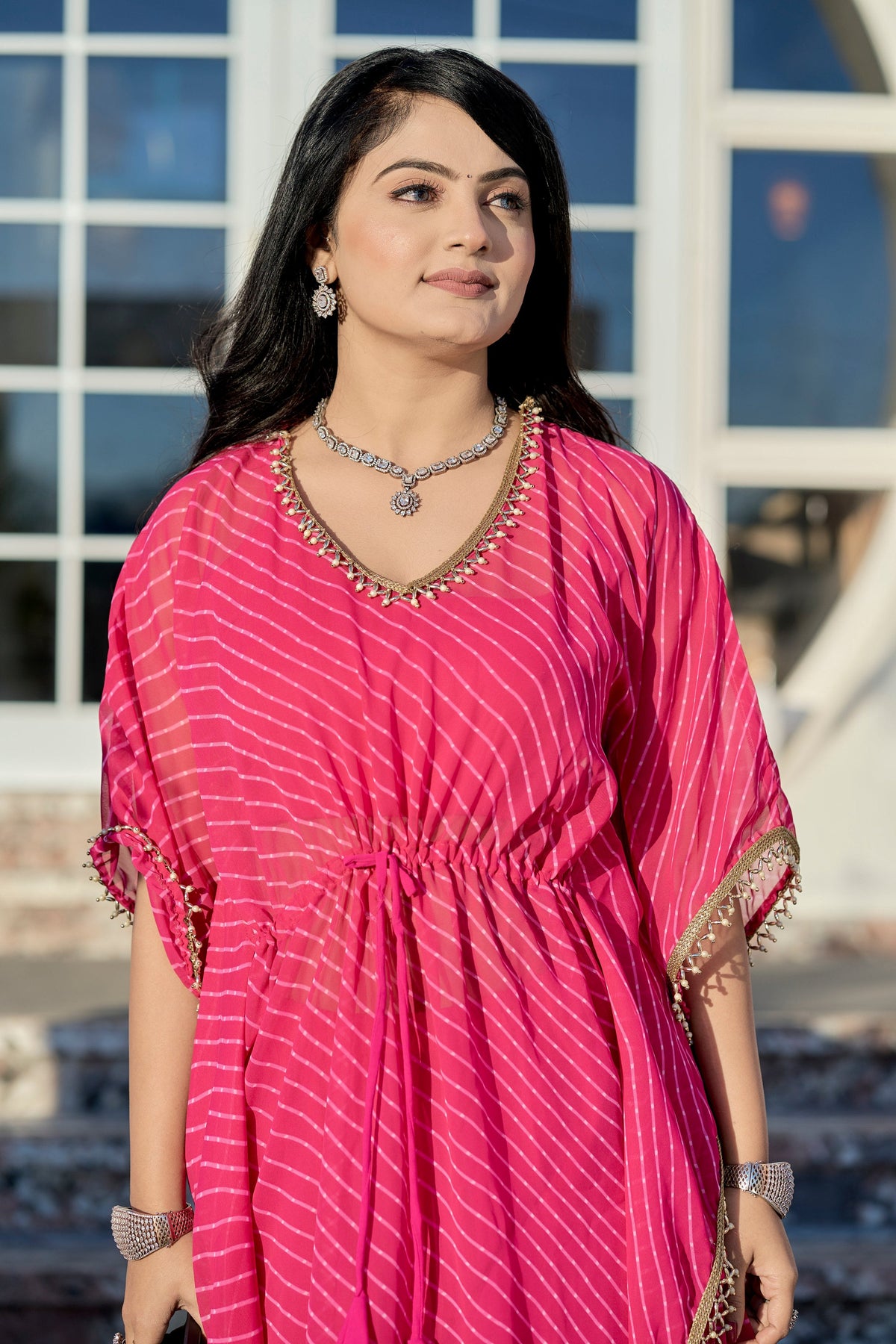 Vedant Vastram Leheriya Print Pure Georgette Sharara Cordset With Kaftan - Pink | Grocsy