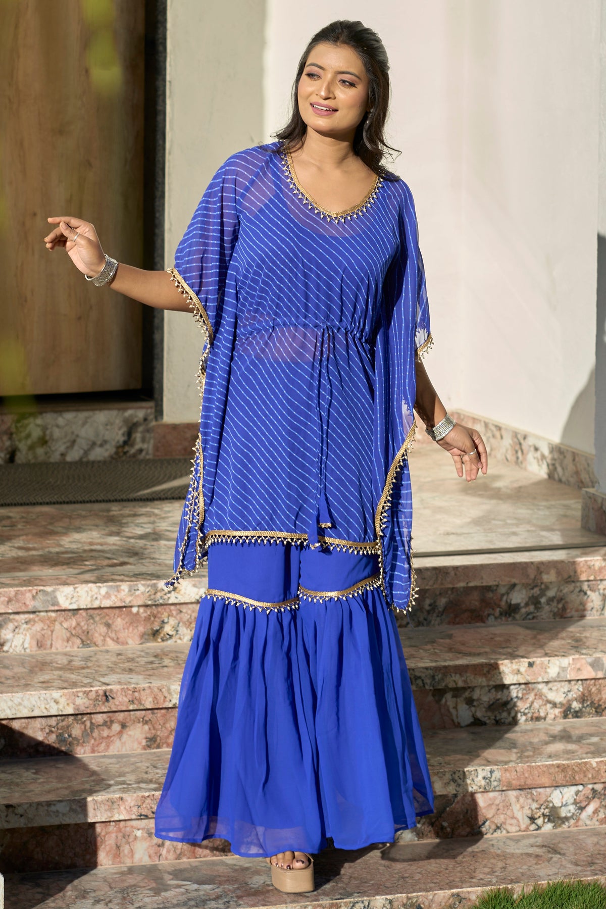 Vedant Vastram Leheriya Print Pure Georgette Sharara Cordset With Kaftan - Royal Blue | Grocsy
